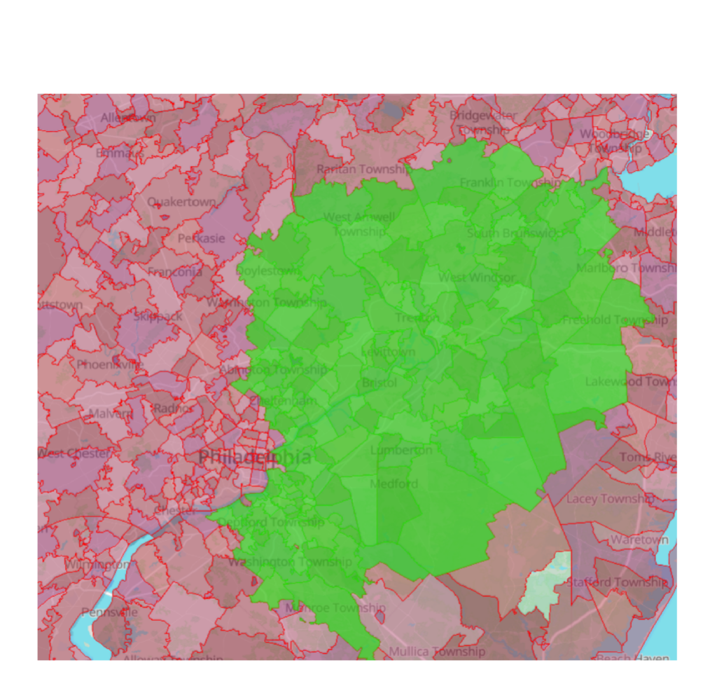 Map with service area highlighted in green